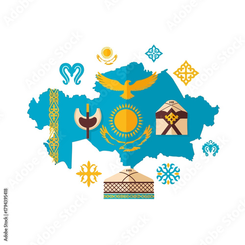 Discover Kazakhstan's vibrant cultural icons and national symbols showcased on a map, celebrating heritage and traditions in a modern, eye-catching design originally a vector graphic