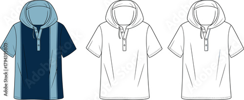 Short sleeve hooded shirt, button placket hoodie, fashion flat sketch, color block garment, technical apparel drawing, menswear design template, vector clothing illustration