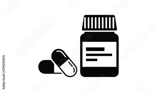 Simple black and white icon of medicine bottle and capsules