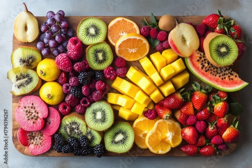 Fototapeta Naklejka Na Ścianę i Meble -  A vibrant display of fresh fruits and vegetables, arranged on a wooden cutting board.