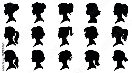 Female head silhouette collection featuring various hairstyles and profiles