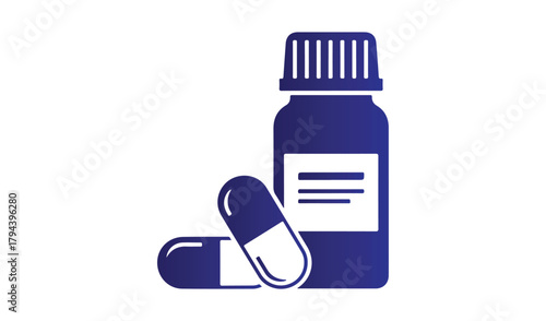 Blue pill bottle and capsules icon representing medicine and healthcare