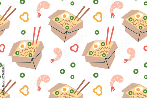 Vector illustration pattern with instant ramen boxes, Asian noodles, shrimp, pepper and mixed ingredients. Flat cartoon seamless design with takeout food, chopsticks, street food theme