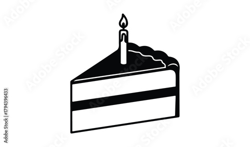 Simple black and white illustration of a slice of cake with a lit candle