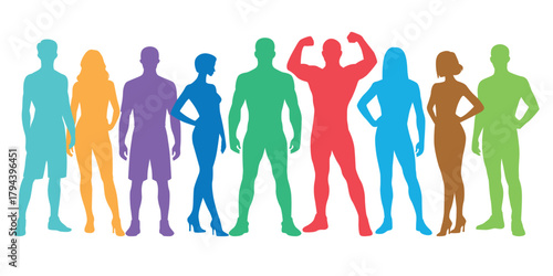 Colorful men and women silhouette figures in dynamic standing poses