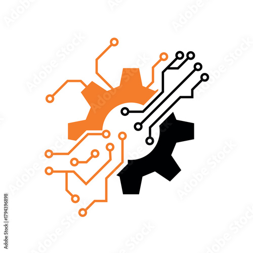 Modern dual color technology gear with electronic circuit vector emblem