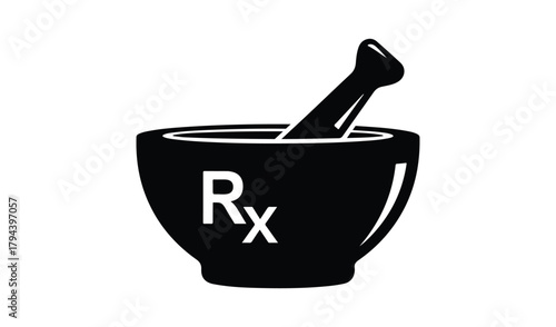 Black and white illustration of a mortar and pestle with rx symbol