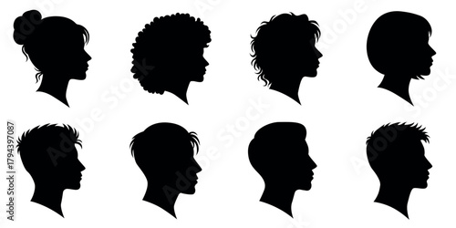 Variety of male and female head profiles with curly and short hairstyles silhouettes