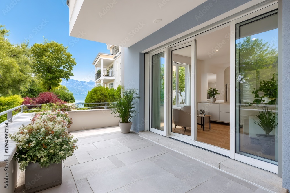 Naklejka premium Modern apartment balcony with stunning lake and mountain view