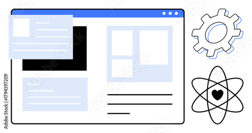 Dashboard-style webpage layout with text and images, gear and atom graphics. Ideal for technology, innovation, UX design, software development, creativity, abstract thinking modern concepts. A