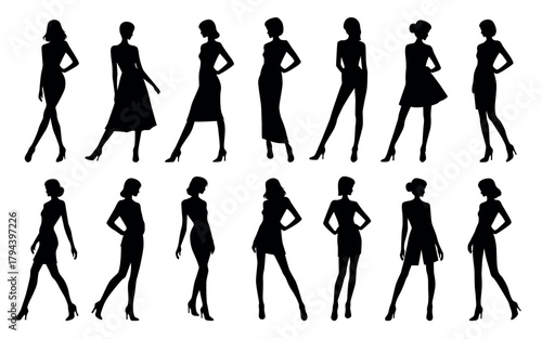 Elegant female fashion model standing silhouette vector poses