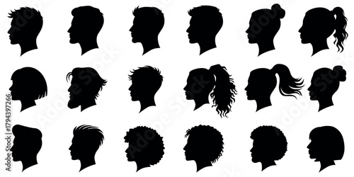 Diverse human head profile silhouette collection vector set