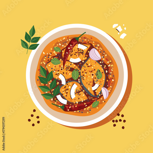 Spicy fish curry with coconut and chilies icon logo flat vector design