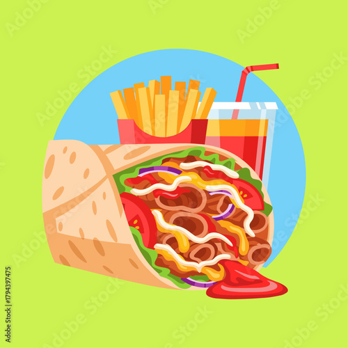 Shawarma Wrap Combo, Shawarma meal, French fry icon logo flat vector design