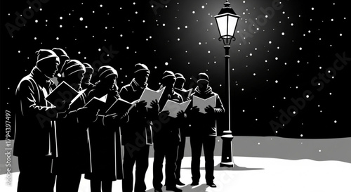 A group of silhouetted Christmas carolers singing from songbooks at night.