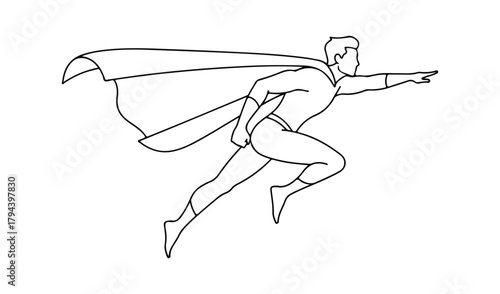 Dynamic line art illustration of a superhero flying with cape