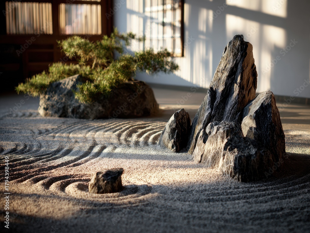 Obraz premium Serene Zen Garden with Raked Sand, Rocks, and Bonsai Tree in Sunlight