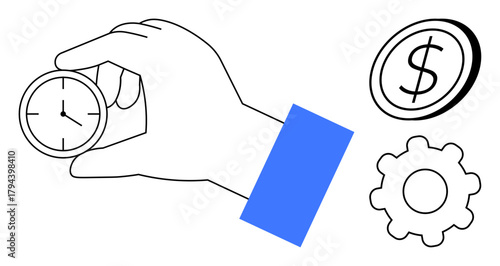 Hand gripping stopwatch, dollar sign, and gear reflecting time management, financial planning, and operational efficiency. Ideal for business, productivity, savings, workflow efficiency