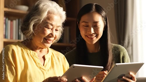 Asian woman teaching senior how to use a tablet device, both are smiling