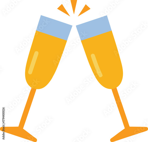 Two champagne flutes clinking together celebrating with bubbly liquid