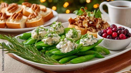 Appetizers for holiday party including peas, nuts, and cranberries