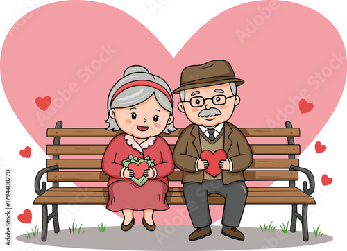 Cute elderly couple sitting on park bench holding hearts, romantic senior love illustration with pink background and valentine theme design
