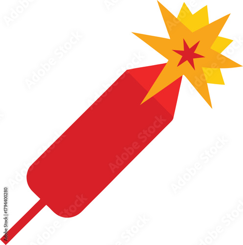 Red firecracker exploding with bright yellow flames on black background