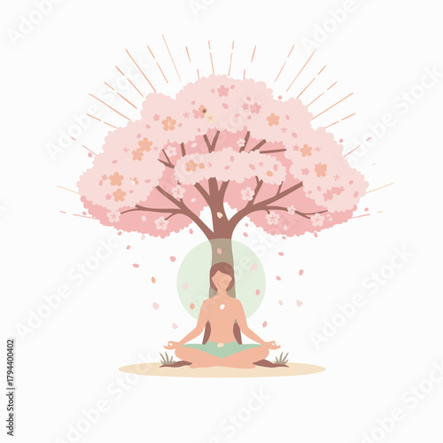 Spring Meditation Under Blossom Tree
Flat-vector figure meditating under a cherry blossom tree, petals falling, soft glow around the body, calm pastel greens and pinks, spiritual grounding and awakeni