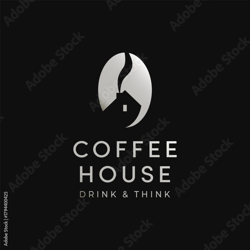 Coffee House Logo, Coffee Bean Premium Logo Silver On Dark Back