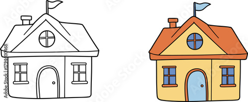 Cute hand drawn cartoon house illustration, black and   and colored version, children coloring book design, vector home drawingCute hand drawn cartoon ,  vector home drawing