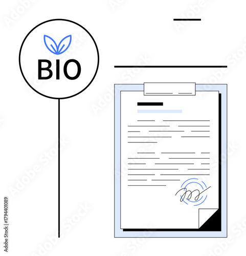 Certification document with handwritten signature and BIO label having a leaf icon. Ideal for sustainability, ecology, environmental studies, organic products, certification, agreements, simple flat