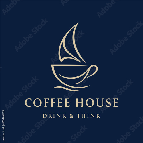 Coffee Cup Logo, Coffee Sea Sail Boat Vector Logo Concept On Blue Back