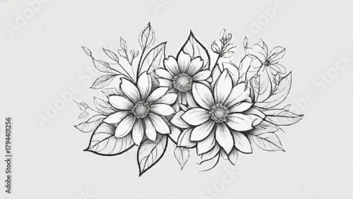 Abstract vector seamless pattern of white lily flowers and leaf sketch drawing illustration on black background