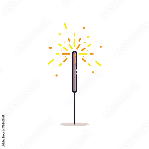 A vibrant flat line icon of a single burning sparkler with glowing yellow sparks, symbolizing celebration, festive occasions, and holiday joy