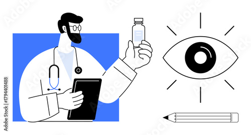 Doctor analyzing a vial while holding a tablet next to eye and pencil images. Ideal for healthcare, vision care, education, innovation, diagnosis, medical research, creativity. Simple flat metaphor