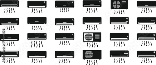Air conditioner icons, HVAC symbols, cooling unit set, black and white vector, wall mount, window AC, compressor illustration