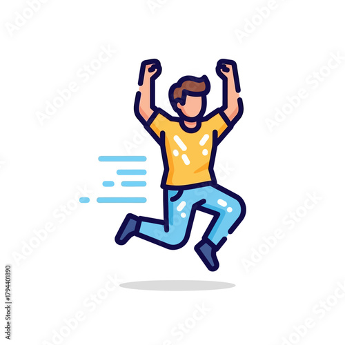 An energetic cartoon character of a young man leaping in the air with excitement. A flat design icon representing celebration, winning, and success