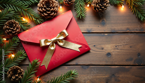 Red envelope with gold ribbon and pine branches on wood, cozy Christmas greeting scene