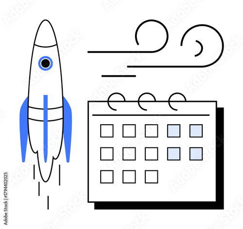 Rocket taking off beside a calendar with highlighted dates. Ideal for entrepreneurship, growth, scheduling, innovation, time management, goal setting, launch planning. Simple flat metaphor