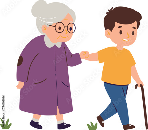 Elderly and young person walking, intergenerational support illustration, family care concept, cartoon companionship, helping hand, outdoor bonding, kindness drawing