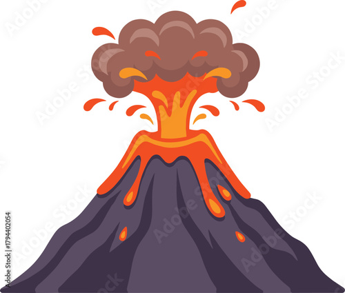 Exploding volcano with hot lava and smoke cloud, natural disaster eruption illustration, active mountain with molten magma explosion scene
