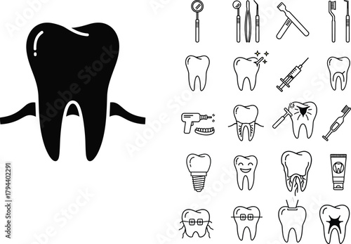 Dental icons, tooth care symbols, oral hygiene tools, black and white vector, dental procedure set, healthy teeth illustrations, clinic graphics
