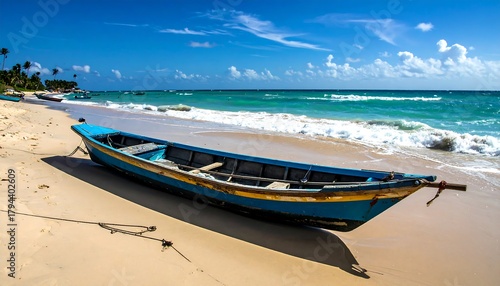 Fototapeta Naklejka Na Ścianę i Meble -  Blue boat on a tropical beach paradise with turquoise water.