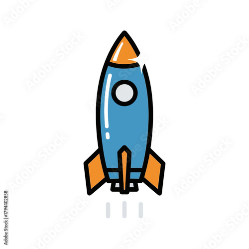 Blue and orange cartoon rocket ship launching upwards from a white background, space exploration concept