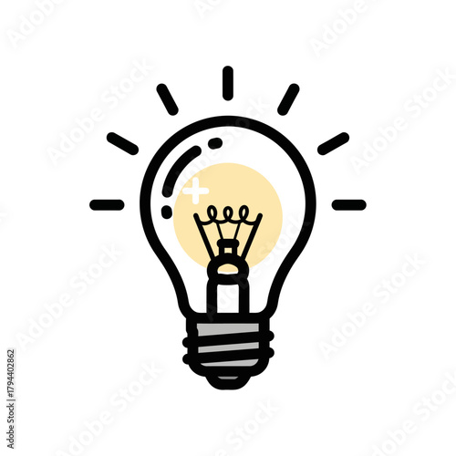 Simple line art icon of a shining lightbulb symbolizing a creative idea, innovation, and inspiration. Vector graphic for business solution concepts