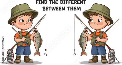 Find the difference puzzle, cartoon boys fishing, spot the changes game, visual challenge, kids activity, fun brain teaser illustration