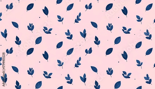 Elegant Blue Leaf Pattern on Soft Pink Background.