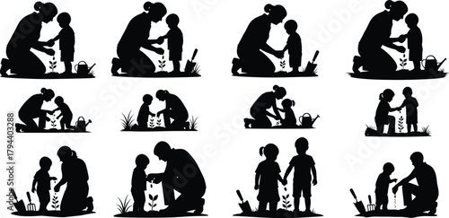Gardening with children silhouettes, adult teaching, nature activity, planting moment, outdoor bonding, sustainability theme, nurturing care, eco education – flavector
