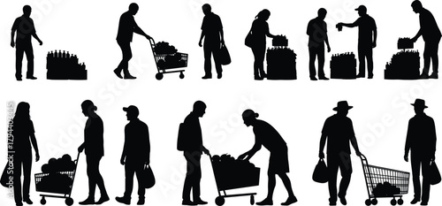 Grocery shopping silhouettes, people pushing carts, carrying bags, selecting items, supermarket activity, retail consumer behavior, everyday shopping illustration - flavector