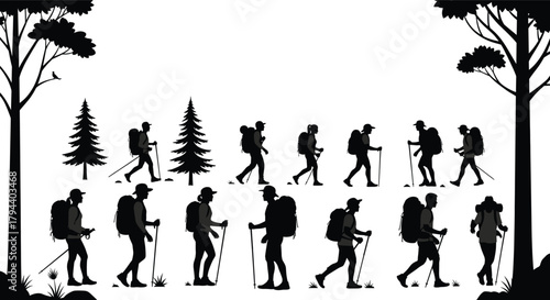 Hiking silhouettes forest landscape, backpack walkers with poles, outdoor trekking motion, nature exploration, adventure travel illustration, wilderness activity design - flavector
